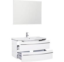 Ensemble de meubles de salle de bains Marlin 3040 couleur de façade blanc haute brillance 3 pièces avec lavabo en marbre minéral blanc lxhxp 92,4 x 198,2 x 48 cm avec miroir