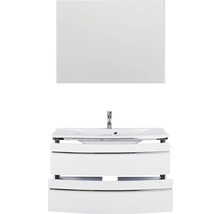 Ensemble de meubles de salle de bains Marlin 3040 couleur de façade blanc haute brillance 3 pièces avec lavabo en marbre minéral blanc lxhxp 92,4 x 198,2 x 48 cm avec miroir