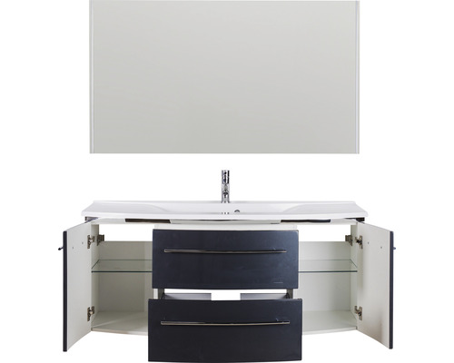 Meuble-lavabo avec miroir, meuble bas avec tiroirs et portes ouvertes pour salle de bains