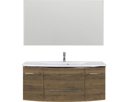 Waschtisch mit Spiegel, Holzoptik und Keramikwaschbecken