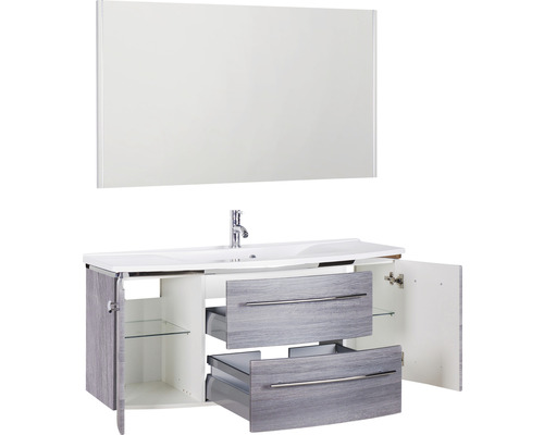 Meuble-lavabo avec miroir, meuble bas, tiroirs et compartiments ouverts pour la salle de bain