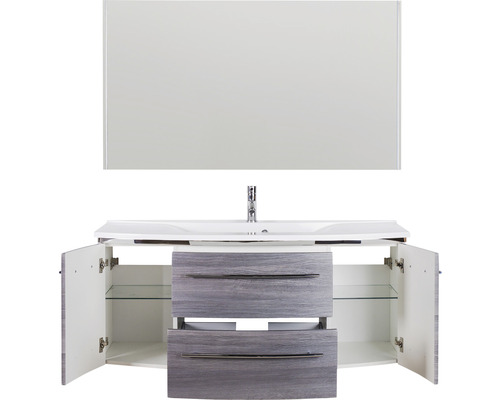 Ensemble de meubles-lavabos avec miroir, lavabo, tiroirs et placard ouvert