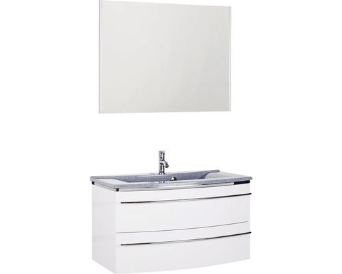 Badmöbel-Set Marlin 3040 Frontfarbe weiß hochglanz 3-teilig mit Mineralmarmor-Waschtisch granit grau BxHxT 92,4 x 198,2 x 48 cm mit Spiegel