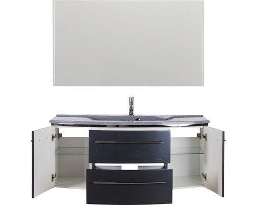 Meuble-lavabo avec miroir, armoire ouverte et tiroirs