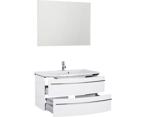 Weißer Waschtischunterschrank mit offenem Auszug und Spiegel für das Badezimmer