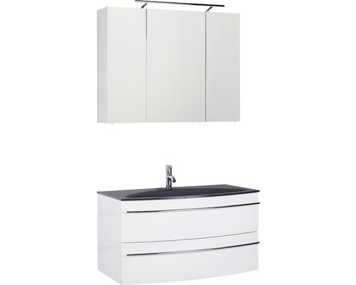 Ensemble de meubles de salle de bains Marlin 3040 couleur de façade blanc haute brillance 3 pièces avec lavabo en verre lxhxp 90,4 x 198,2 x 47,9 cm avec armoire de toilette