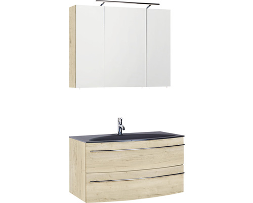 Ensemble de meubles de salle de bains Marlin 3040 couleur de façade chêne blanc 3 pièces avec lavabo en verre lxhxp 90,4 x 198,2 x 47,9 cm avec armoire de toilette