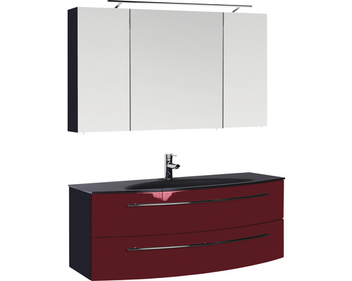 Ensemble de meubles de salle de bains Marlin 3040 couleur de façade rouge brillant 3 pièces avec lavabo en verre lxhxp 120,4 x 198,2 x 47,9 cm avec armoire de toilette