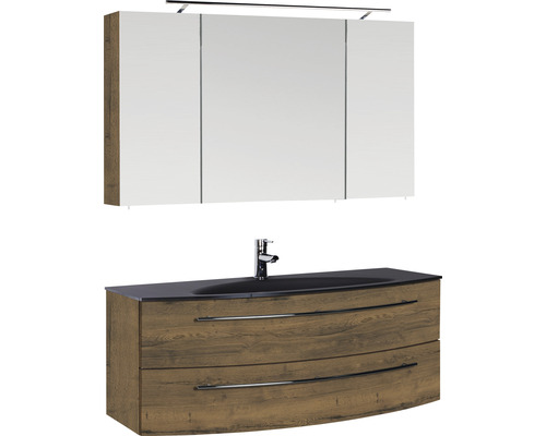 Ensemble de meubles de salle de bains Marlin 3040 couleur de façade chêne marron décor bois 3 pièces avec lavabo en verre lxhxp 120,4 x 198,2 x 47,9 cm avec armoire de toilette