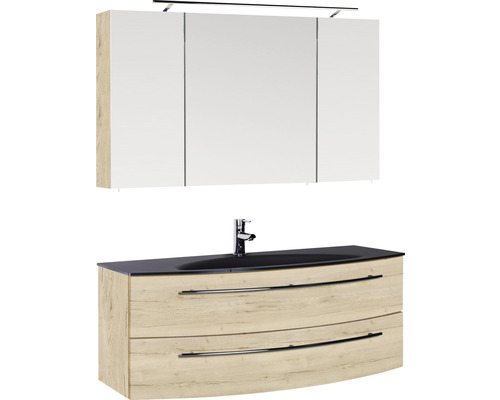 Ensemble de meubles de salle de bains Marlin 3040 couleur de façade chêne blanc 3 pièces avec lavabo en verre lxhxp 120,4 x 198,2 x 47,9 cm avec armoire de toilette