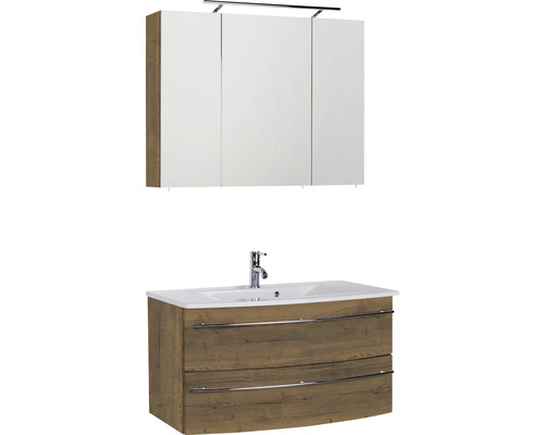Ensemble de meubles de salle de bains Marlin 3040 couleur de façade chêne marron décor bois 3 pièces avec lavabo en céramique blanc lxhxp 91 x 198,2 x 51 cm avec armoire de toilette