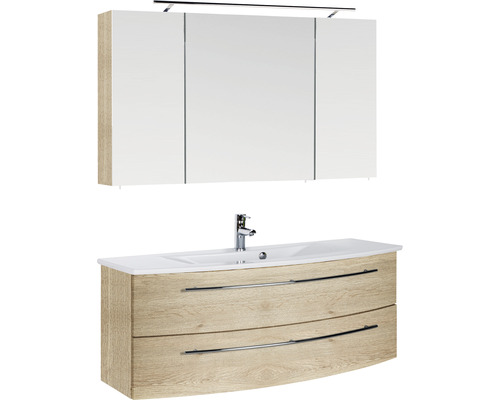 Ensemble de meubles de salle de bains Marlin 3040 couleur de façade chêne nature décor bois 3 pièces avec lavabo en céramique blanc lxhxp 121 x 198,2 x 51 cm avec armoire de toilette