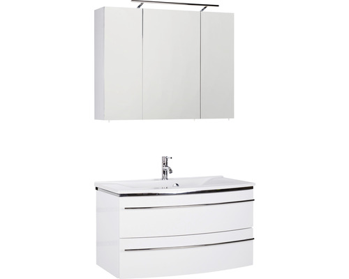 Ensemble de meubles de salle de bains Marlin 3040 couleur de façade blanc haute brillance 3 pièces avec lavabo en marbre minéral blanc lxhxp 92,4 x 198,2 x 48 cm avec armoire de toilette