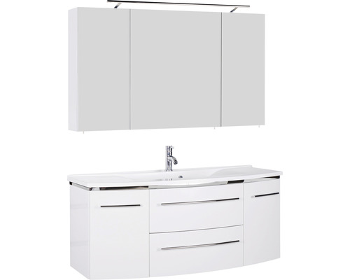 Badmöbel-Set Marlin 3040 Frontfarbe weiß hochglanz 3-teilig mit Mineralmarmor-Waschtisch weiß BxHxT 122 x 198,2 x 48 cm mit Spiegelschrank