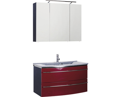 Ensemble de meubles de salle de bains Marlin 3040 couleur de façade rouge brillant 3 pièces avec lavabo en marbre minéral granit gris lxhxp 92,4 x 198,2 x 48 cm avec armoire de toilette
