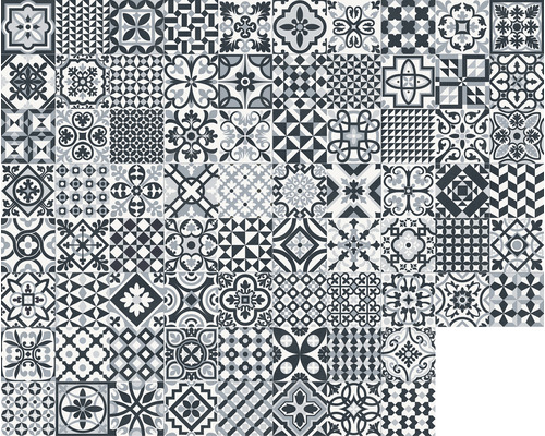 Muster von Bodenfliesen mit verschiedenen geometrischen und floralen Designs