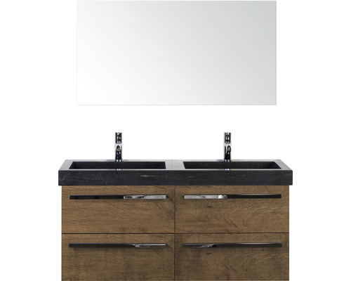 Badmöbel-Set Sanox Seville BxHxT 121 x 170 x 45,5 cm Frontfarbe tabacco mit Waschtisch Naturstein schwarz und Naturstein-Doppelwaschtisch Waschtischunterschrank Spiegel