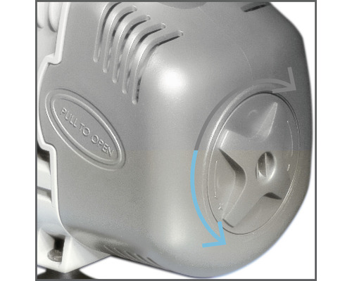 Vue détaillée du boîtier d''une pompe à eau avec mécanisme d''ouverture et indications fléchées