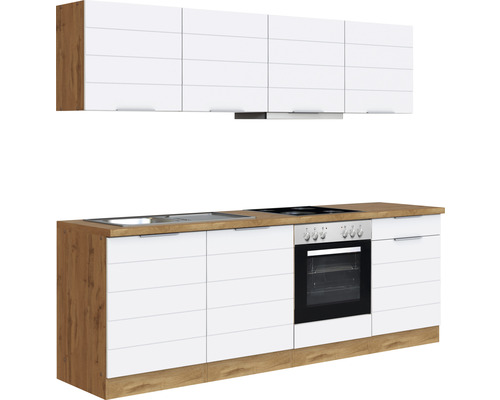 Cuisine linéaire avec évier, plaque de cuisson, four et armoires murales