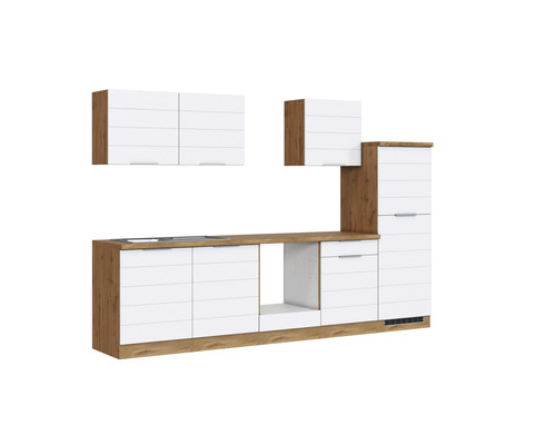 Küchenzeile mit Ober- und Unterschränken in Holzoptik und Weiß