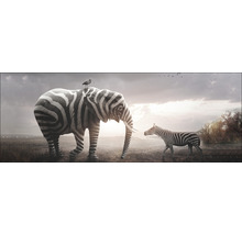 Illustration d''un éléphant avec un motif zébré et d''un zèbre dans un paysage