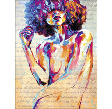 Gemälde einer Frau mit Schrift im Hintergrund