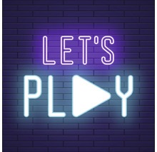 Neonreklame mit der Aufschrift ''Let''s Play'' vor einer Ziegelwand
