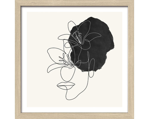 Image encadrée avec dessin au trait du visage et de la fleur