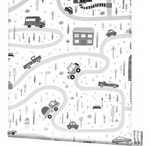 Tapete mit Straßenmuster, Häusern und Fahrzeugen