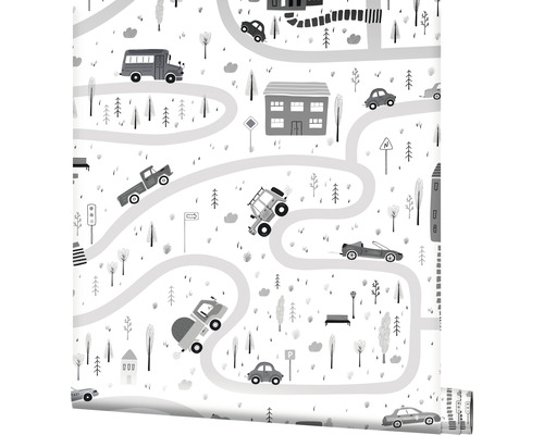 Tapete mit Straßenmuster, Häusern und Fahrzeugen