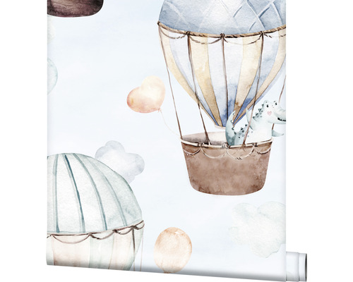 Rouleau de papier peint avec illustrations de montgolfières et de dinosaures