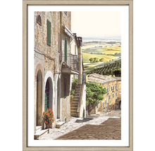 Gerahmtes Bild einer italienischen Straßenszene mit Gebäuden und Landschaft