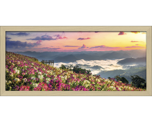 Gerahmtes Landschaftsbild mit Blumenfeld und Bergszene