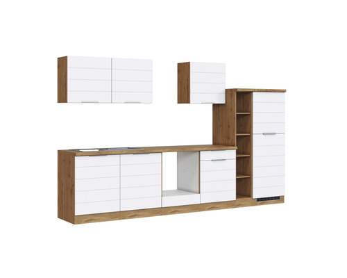 Küchenzeile mit Ober- und Unterschränken in Holzoptik und Weiss