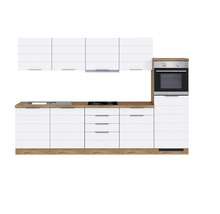 Cuisine équipée avec évier, plaque de cuisson et four en blanc et aspect bois