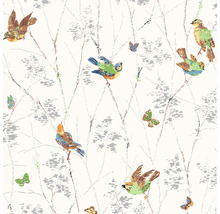 Papier peint avec motif d''oiseaux et de papillons sur des branches