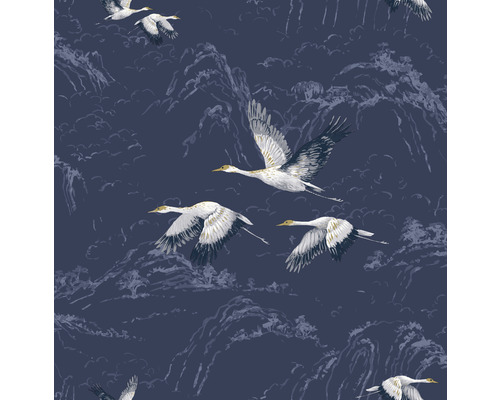 Papier peint intissé 114894 Laura Ashley Animalia bleu Papier peint avec motif de grue et de montagne