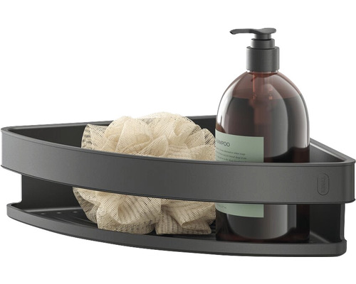 Eckregal mit Duschgel und Badeschwamm