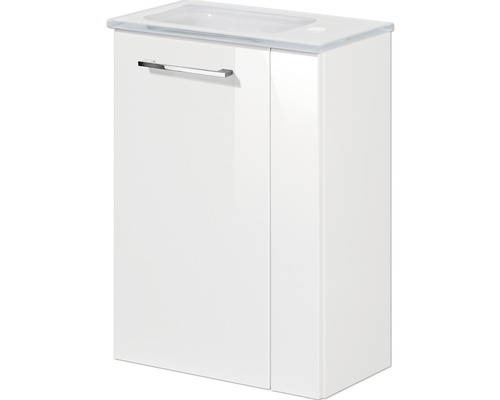 Waschtischunterschrank mit einem Waschbecken aus Glas und einem Griff