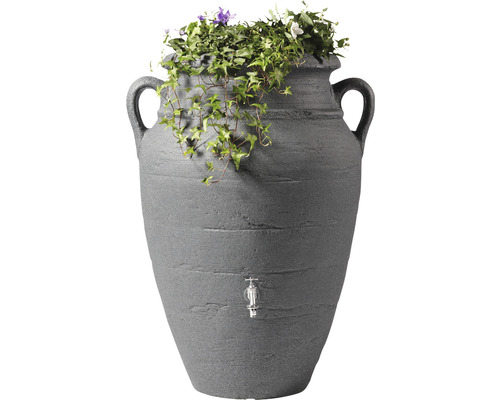 Réservoir d''eau gris style amphore avec plantes et robinet de puisage pour l''arrosage du jardin