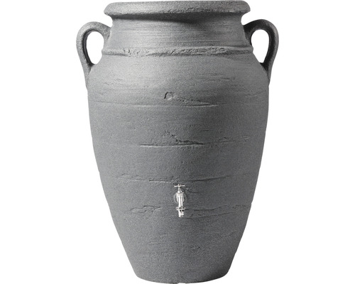 Grauer Regenwassertank in Amphorenform mit Wasserhahn