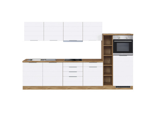 Bloc cuisine complète équipée Held Möbel Florenz 330 cm façade blanche mate, corps chêne clair variante réversible démonté