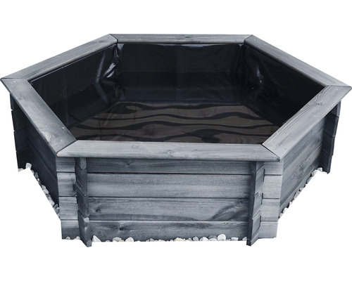 Sechseckiger Teich aus Holz mit Teichfolie