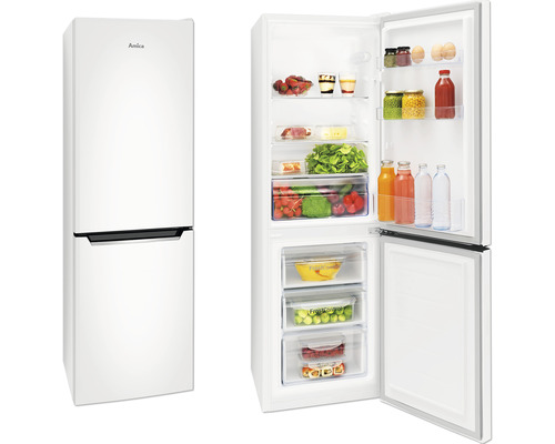 Amica Kühl-Gefrierkombination, weiße Ausführung, mit geöffneter Tür und Lebensmitteln gefüllt
