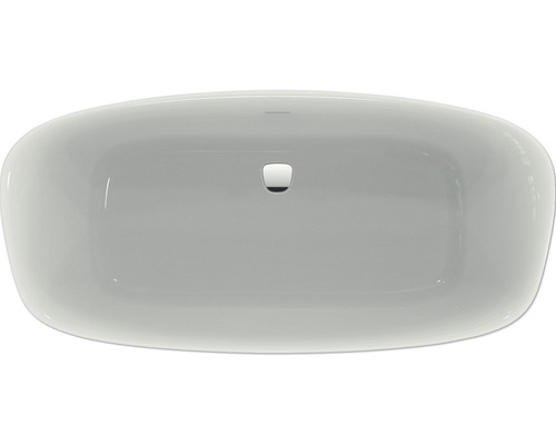 Vue de dessus d''un lavabo à poser rectangulaire en céramique avec garniture de vidange