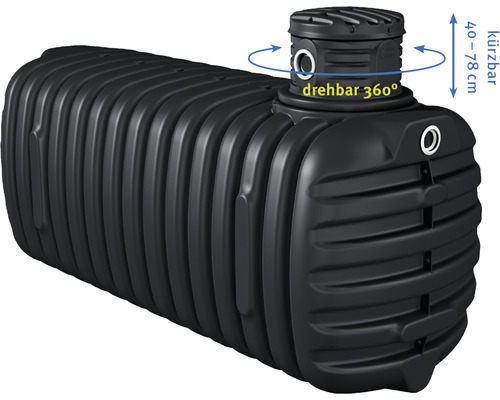 Schwarzer Regenwassertank mit drehbarem Aufsatz von 40 bis 78 Zentimeter