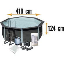 Ensemble de piscine hors sol en bois composite Gre ronde Ø 410x124 cm avec groupe de filtration à sable, skimmer, échelle, sable de filtration et intissé de protection du sol gris-thumb-0