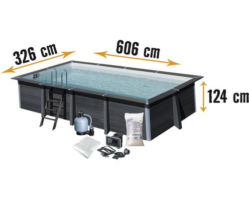 Ensemble de piscine hors sol en bois composite Gre rectangulaire 606x326x124 cm avec groupe de filtration à sable, skimmer, échelle, sable de filtration et intissé de protection du sol gris