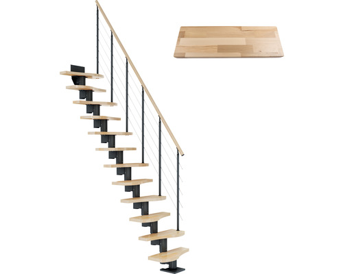 Escalier à limon central escalier de meunier Pertura Vaia anthracite Variabel variable 1/4 tournant en bas gauche/droite droit 64 cm balustrade à barres hêtre bois lamellé-collé verni 12 marches / 13 pas de marche Escalier gain de place avec rampe en acier et marches en bois, plus marche en bois supplémentaire