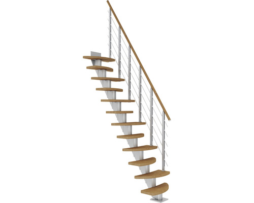 Escalier à limon central Pertura Aris gris perle variable 64 cm garde-corps à barres horizontales chêne bois lamellé-collé huilé 11 marches 12 pas de marche Escalier en colimaçon avec marches en bois et balustrade en métal